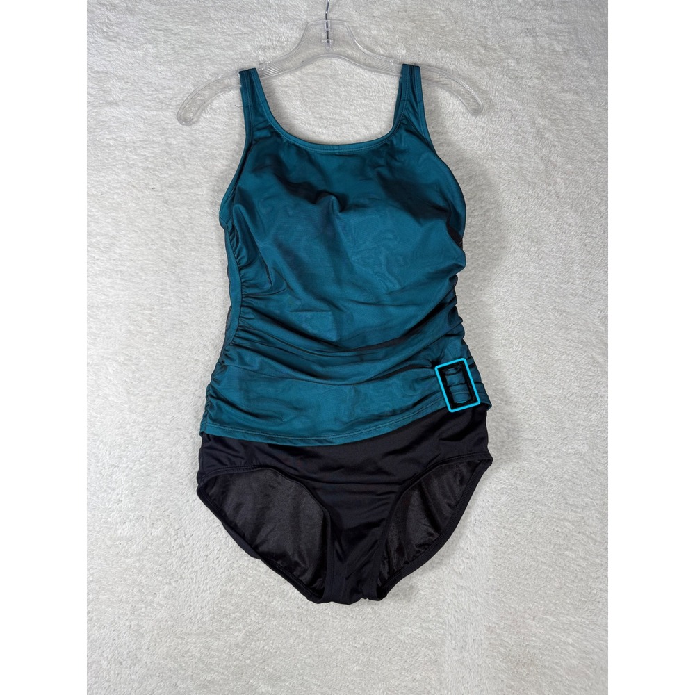 Amoena Atlantis Swimsuit Women‎ 10 Teal Black Excellent Ruched One Piece 3C8670